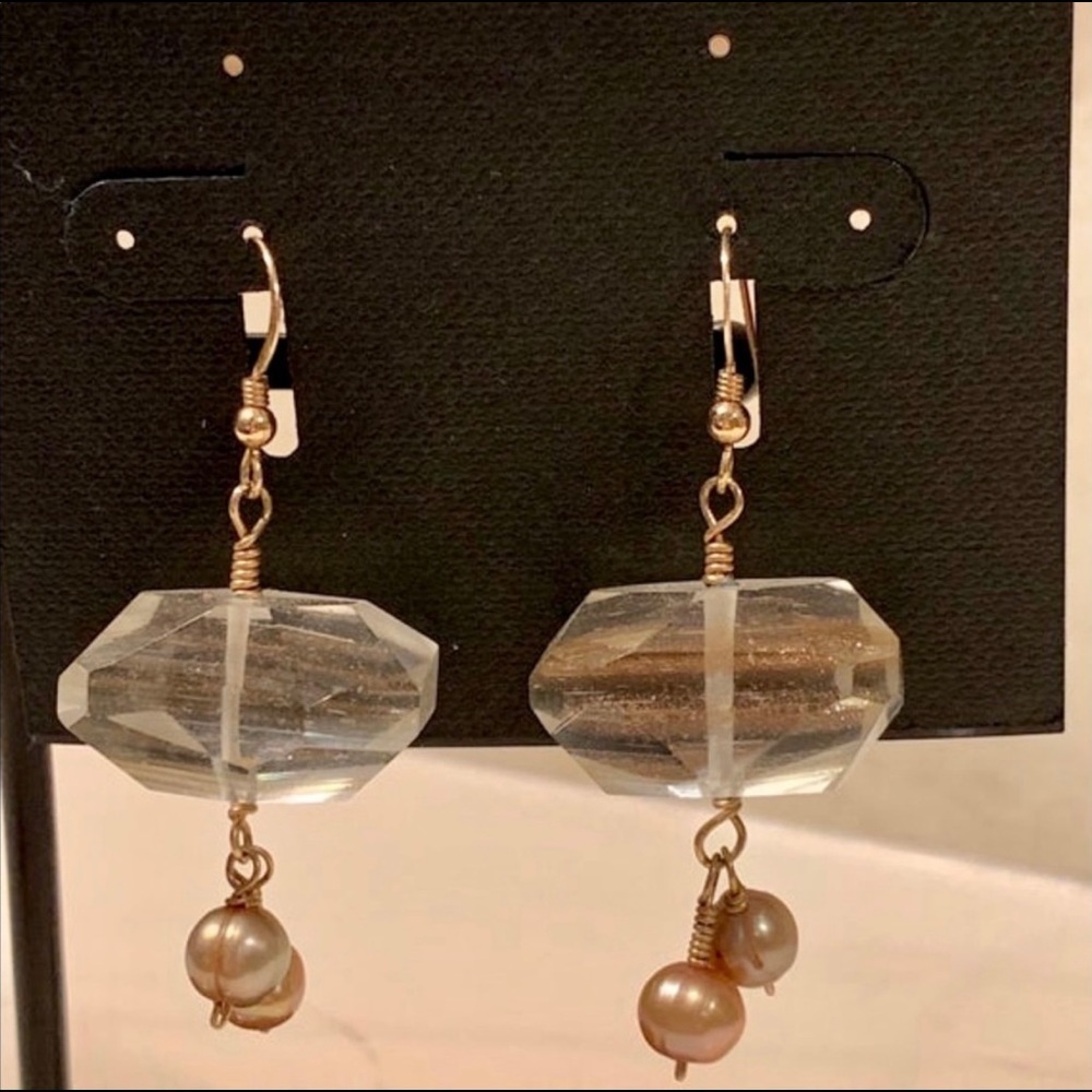 GOLDEN Rutilated Quartz & Pearl Dangle Earrings